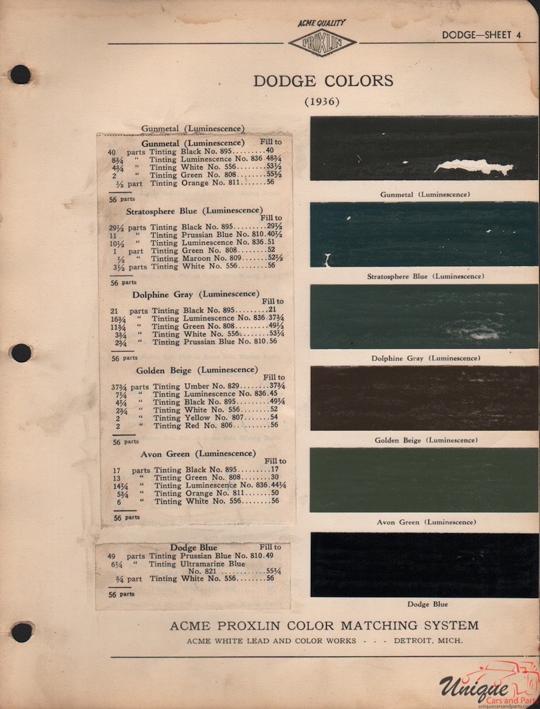 1936 Dodge Paint Charts Acme 1